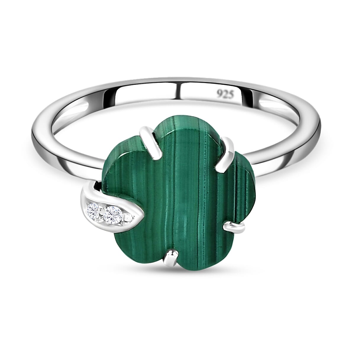 Malachite and Natural Cambodian Zircon Floral Ring in Sterling Silver 3.84 Ct.