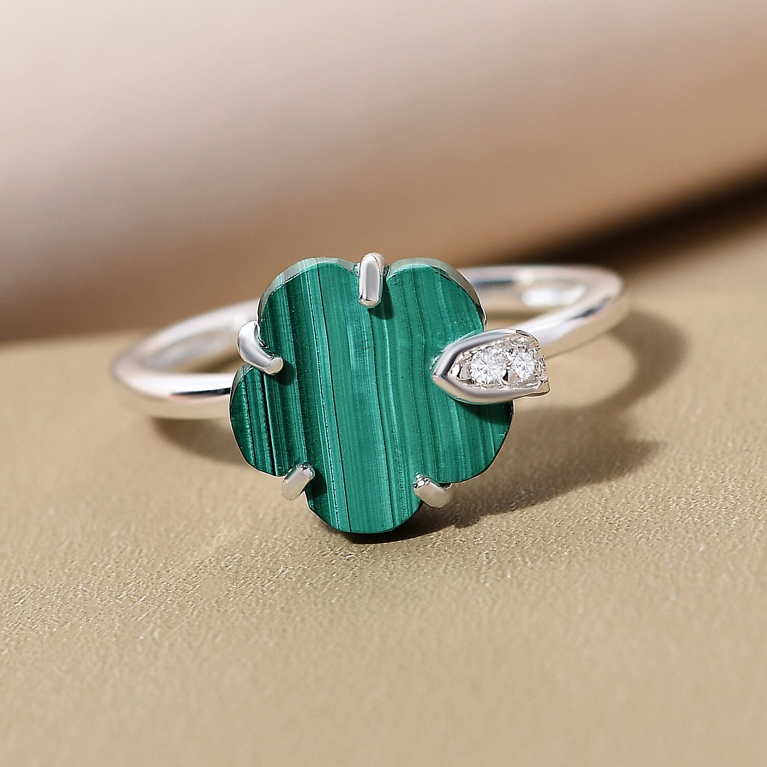 Malachite and Natural Cambodian Zircon Floral Ring in Sterling Silver 3.84 Ct.