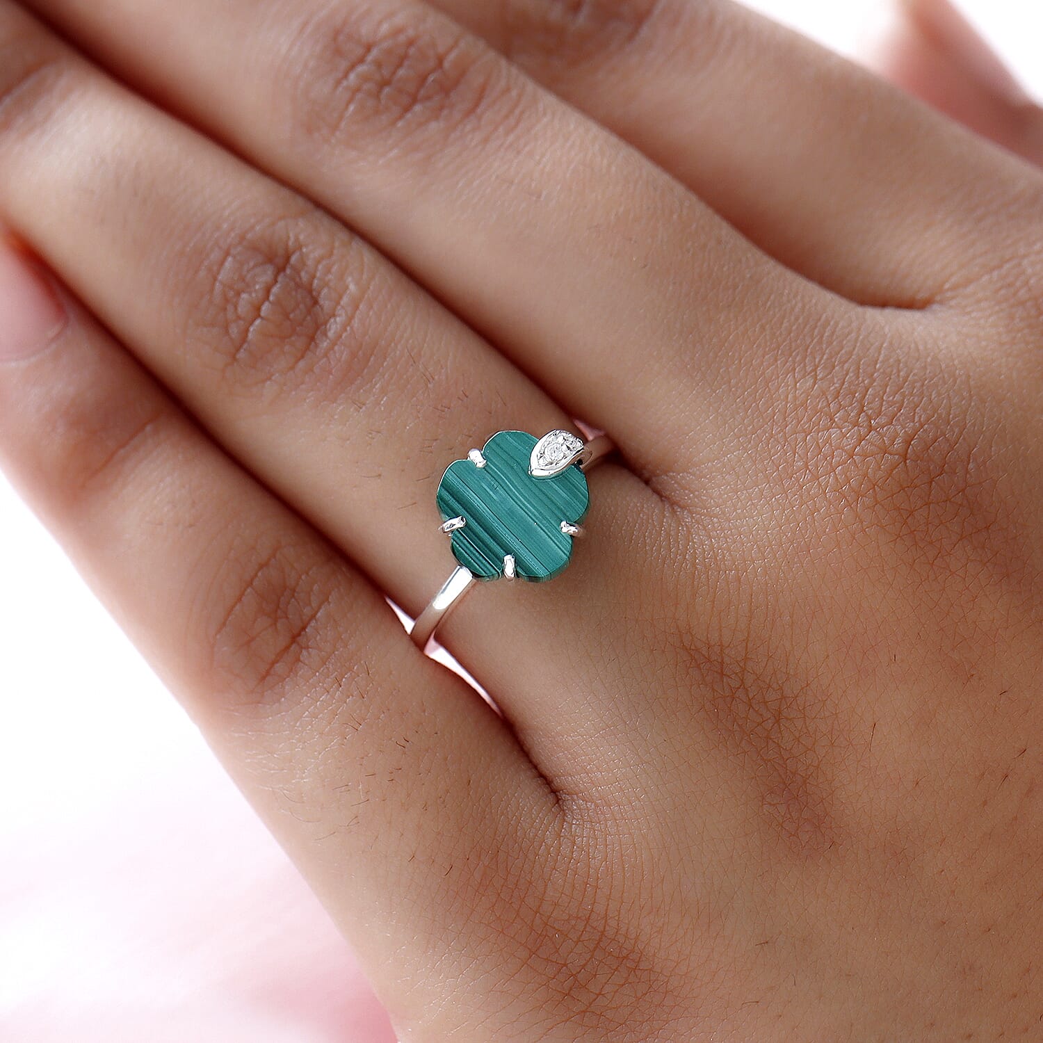 Malachite and Natural Cambodian Zircon Floral Ring in Sterling Silver 3.84 Ct.