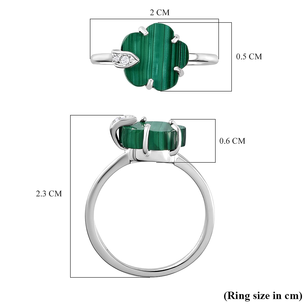 Malachite and Natural Cambodian Zircon Floral Ring in Sterling Silver 3.84 Ct.