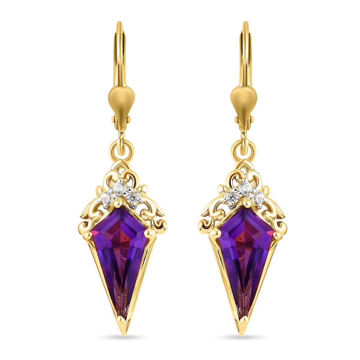 Amethyst and Natural Cambodian Zircon Dangling Earrings (Lever Back) in 14K Gold Overlay Sterling Silver 4.08 Ct.