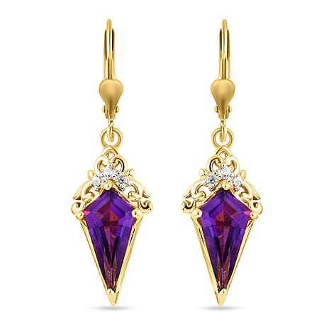 Amethyst and Natural Cambodian Zircon Dangling Earrings (Lever Back) in 14K Gold Overlay Sterling Silver 4.08 Ct.