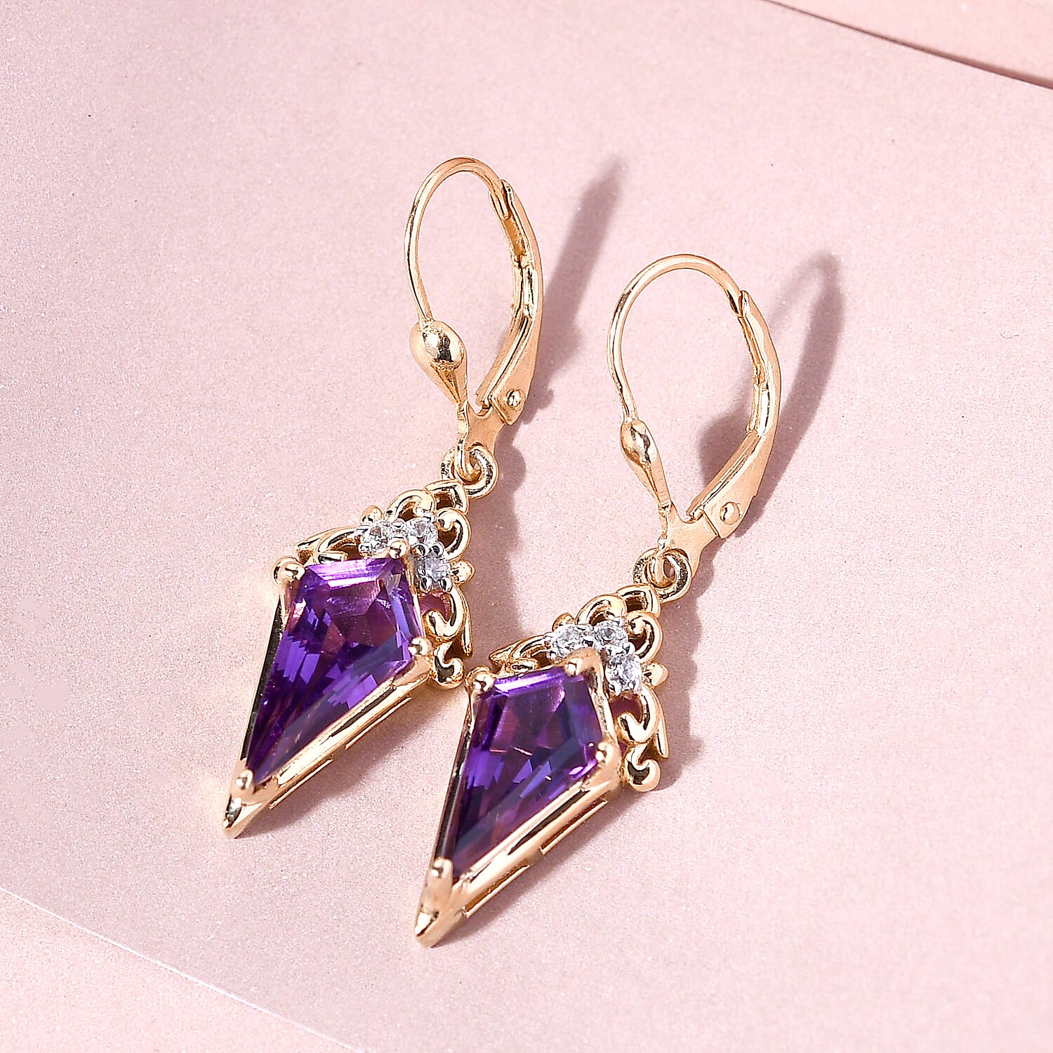 Amethyst and Natural Cambodian Zircon Dangling Earrings (Lever Back) in 14K Gold Overlay Sterling Silver 4.08 Ct.
