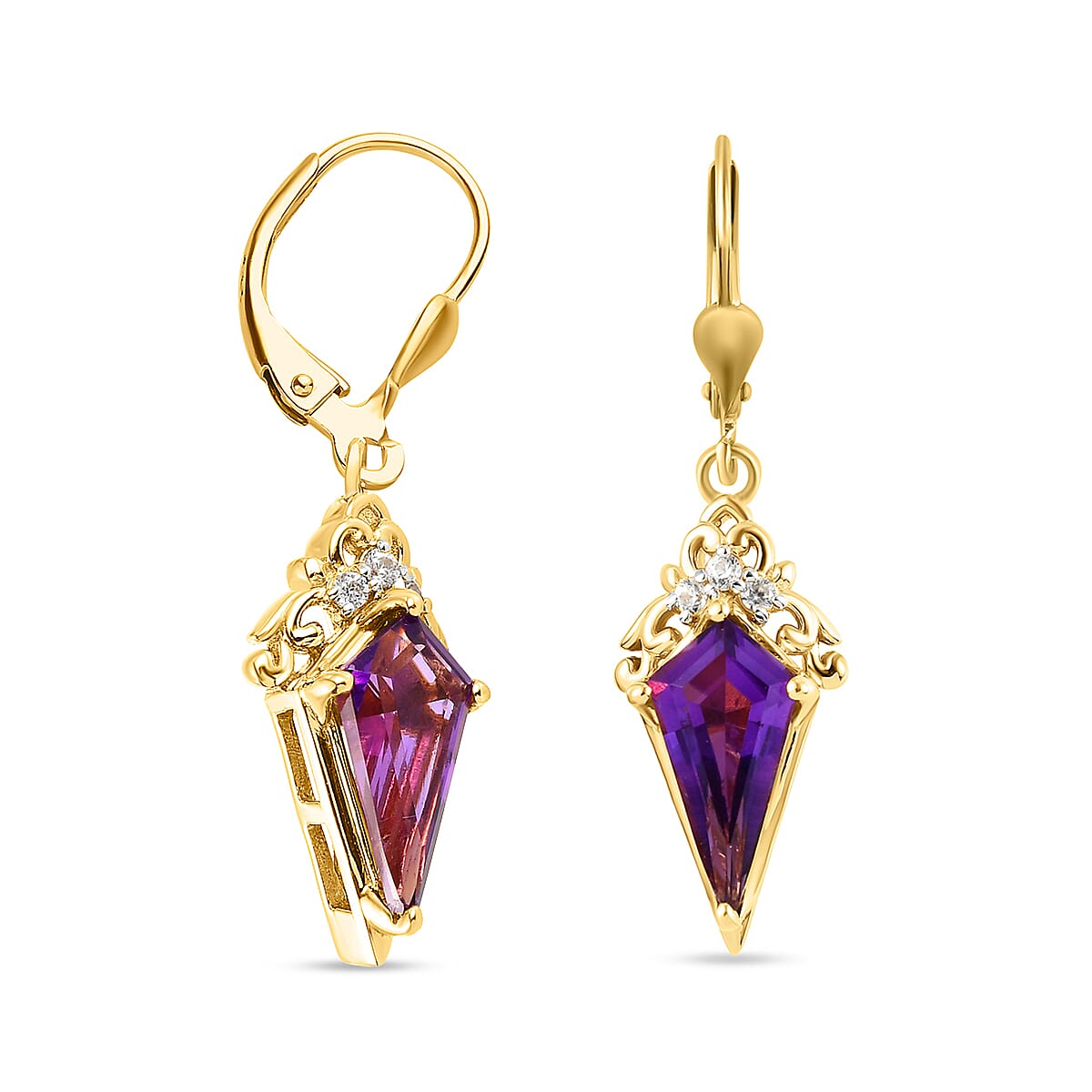 Amethyst and Natural Cambodian Zircon Dangling Earrings (Lever Back) in 14K Gold Overlay Sterling Silver 4.08 Ct.