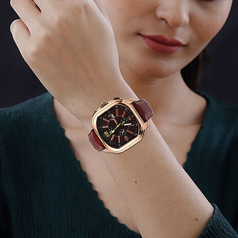 GAMAGES OF LONDON Hand Assembled Strato Automatic Movement Cherry Dial Water Resistant Watch with Cherry Colour Leather Strap