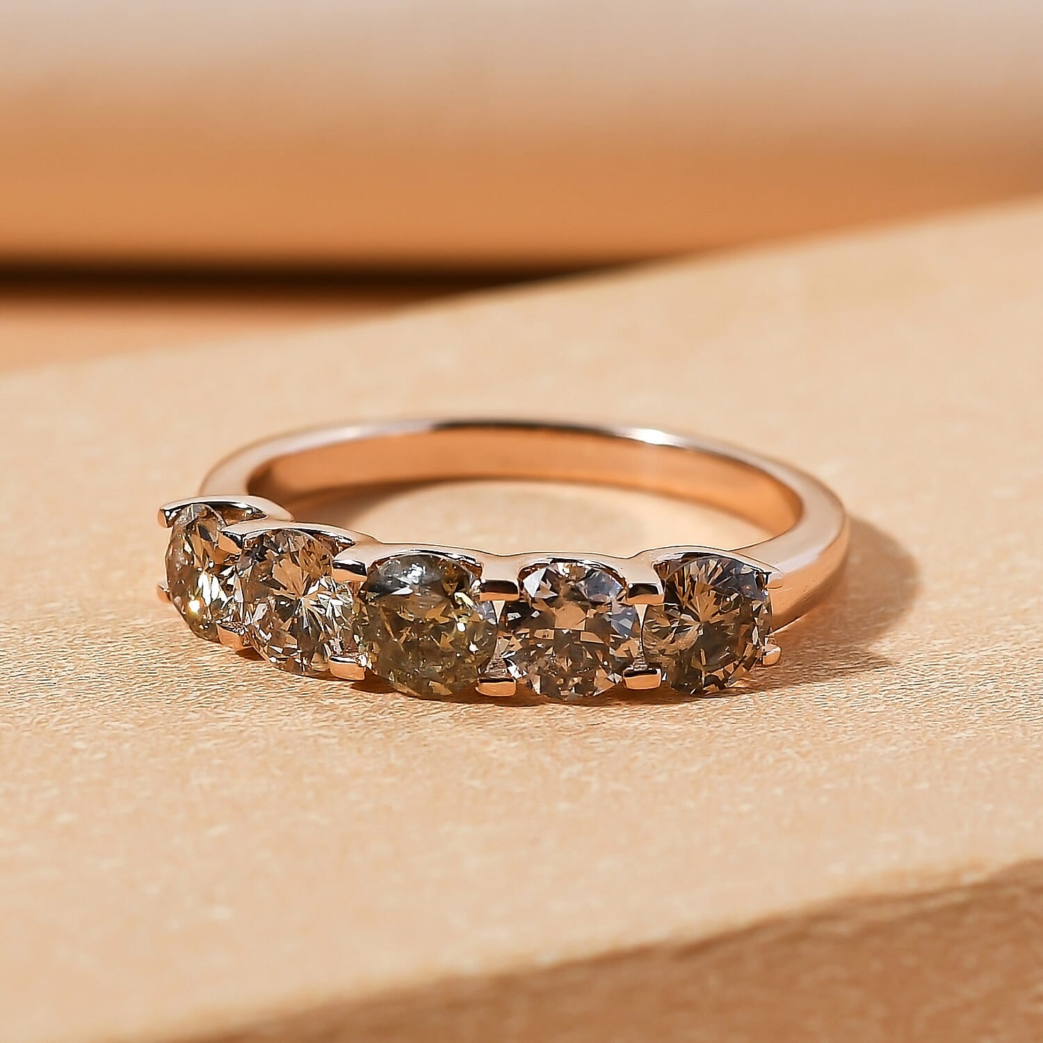 14K Rose Gold Natural Champagne Diamond 5 Stone Ring 2.00 Ct.