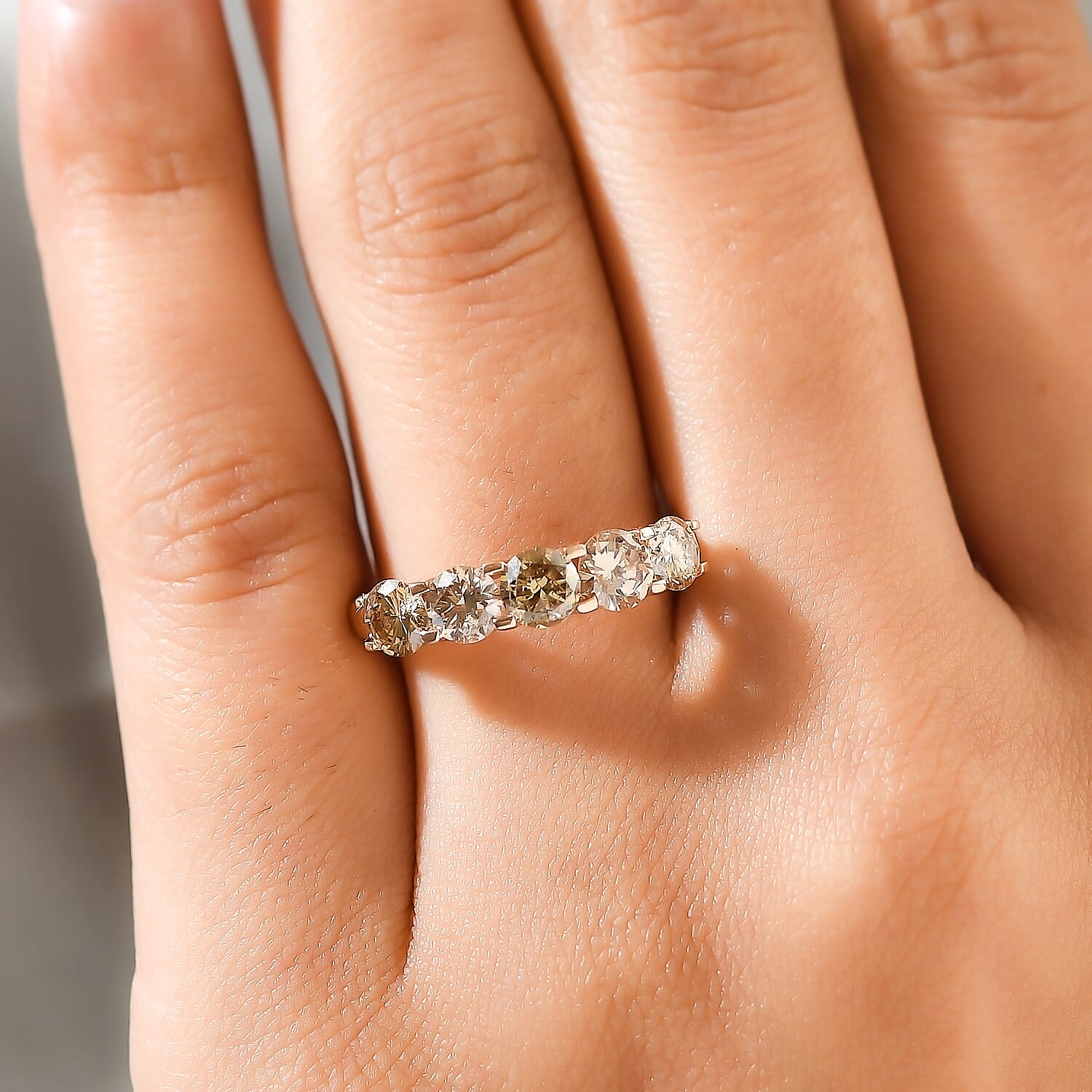 14K Rose Gold Natural Champagne Diamond 5 Stone Ring 2.00 Ct.