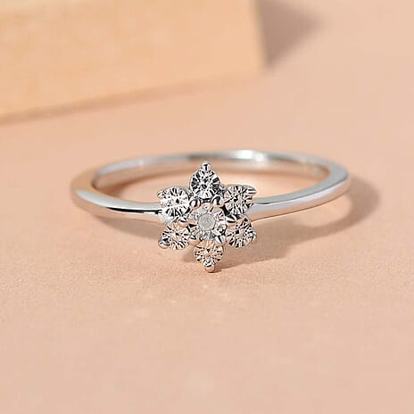 Diamond Floral Ring in Platinum Overlay Sterling Silver 0.006 Ct