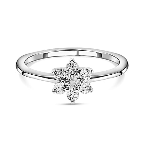 Diamond Floral Ring in Platinum Overlay Sterling Silver 0.006 Ct