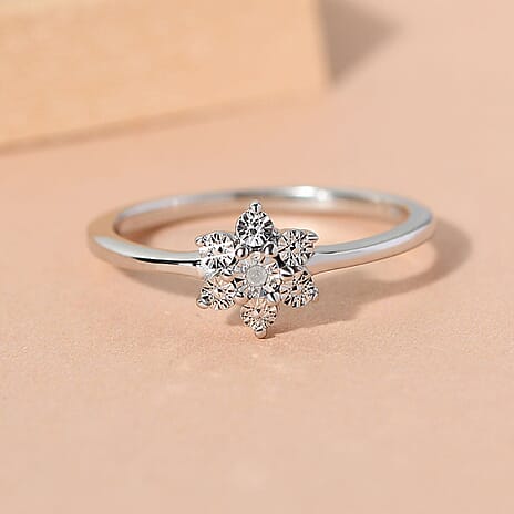 Diamond Floral Ring in Platinum Overlay Sterling Silver 0.006 Ct