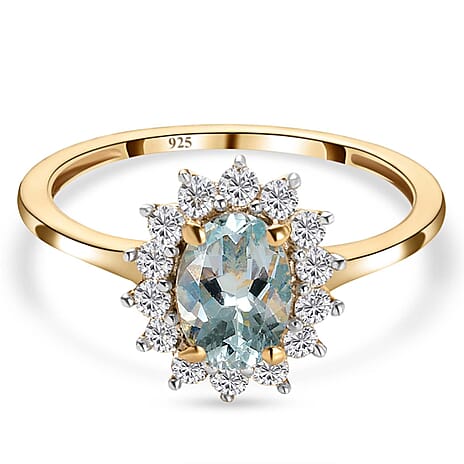 Aquamarine and Natural Cambodian Zircon Halo Ring in 18K Vermeil Yellow Gold Plated Sterling Silver 1.14 Ct.