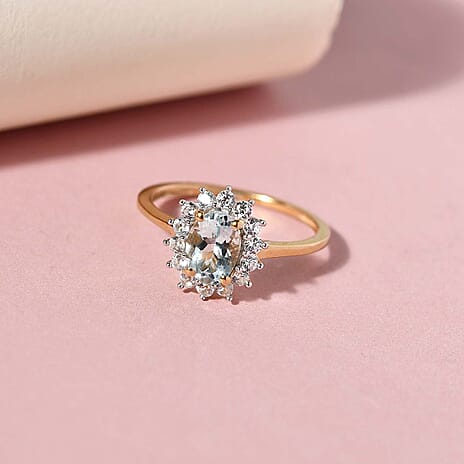 Aquamarine and Natural Cambodian Zircon Halo Ring in 18K Vermeil Yellow Gold Plated Sterling Silver 1.14 Ct.