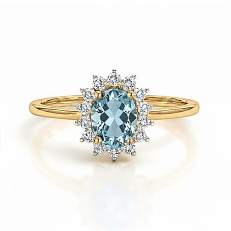 Aquamarine and Natural Cambodian Zircon Halo Ring in 18K Vermeil Yellow Gold Plated Sterling Silver 1.14 Ct.