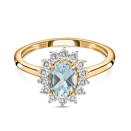 Aquamarine and Natural Cambodian Zircon Halo Ring in Sterling Silver with 18K Vermeil Yellow Gold
