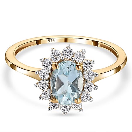 Aquamarine March Birthstone Halo Ring with Natural Cambodian Zircon in Sterling Silver with 18K Vermeil Yellow Gold