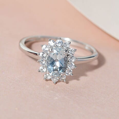 Aquamarine and Natural Cambodian Zircon Halo Ring in Platinum Overlay Sterling Silver 1.14 Ct.