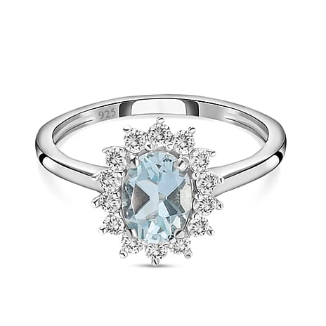Aquamarine and Natural Cambodian Zircon Halo Ring in Platinum Overlay Sterling Silver 1.14 Ct.