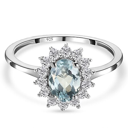 Aquamarine and Natural Cambodian Zircon Halo Ring in Sterling Silver with Platinum Plating