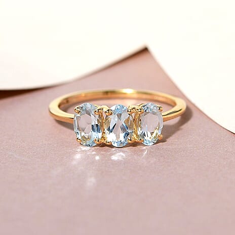 Aquamarine Trilogy Ring in 18K Yellow Gold Vermeil Plated Sterling Silver 1.22 Ct.