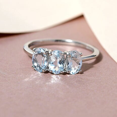Aquamarine Trilogy Ring in Platinum Overlay Sterling Silver 1.22 Ct.