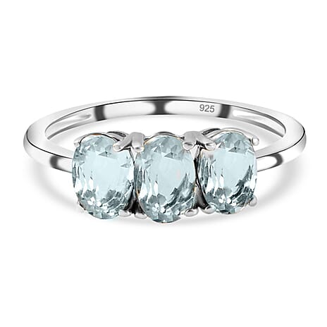 Aquamarine Trilogy Ring in Platinum Overlay Sterling Silver 1.22 Ct.