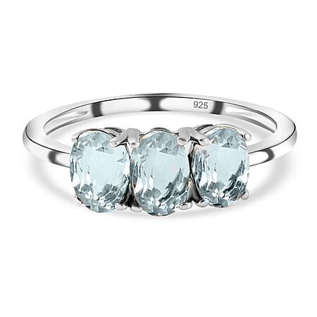 Aqumarine Trilogy Ring in Platinum Overlay Sterling Silver Aqumarine Trilogy Ring in Platinum Overlay Sterling Silver