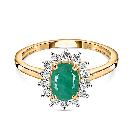 Socoto Emerald and Natural Cambodian Zircon Halo Ring in Sterling Silver with 18K Vermeil Yellow Gold