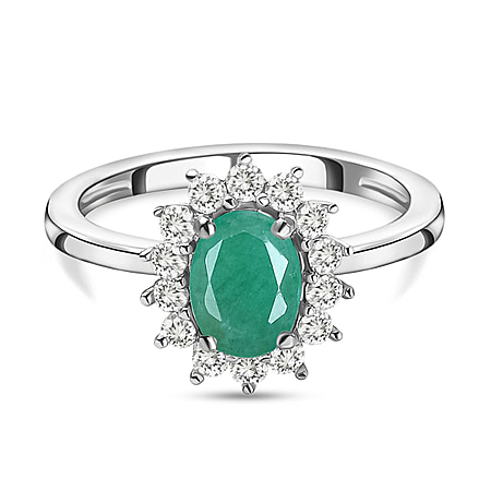 Socoto Emerald and Natural Cambodian Zircon Halo Ring in Sterling Silver with Platinum Plating