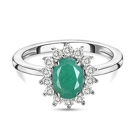 Socoto Emerald May Birthstone Halo Ring with Natural Cambodian Zircon in Sterling Silver with Platinum Plating Socoto Emerald May Birthstone Halo Ring with Natural Cambodian Zircon in Sterling Silver with Platinum Plating