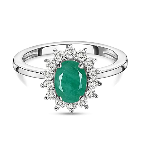 Socoto Emerald May Birthstone Halo Ring with Natural Cambodian Zircon in Sterling Silver with Platinum Plating