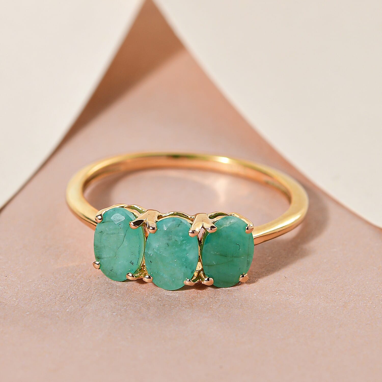 Emerald Trilogy Ring in 18K Yellow Gold Vermeil Plated Sterling Silver 1.40 Ct.