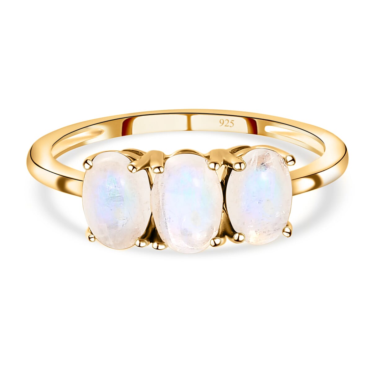 Rainbow Moonstone Trilogy Ring in Platinum Overlay Sterling Silver 1.78 Ct.