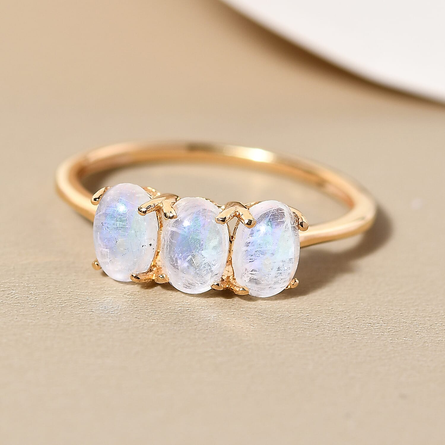 Rainbow Moonstone Trilogy Ring in Platinum Overlay Sterling Silver 1.78 Ct.