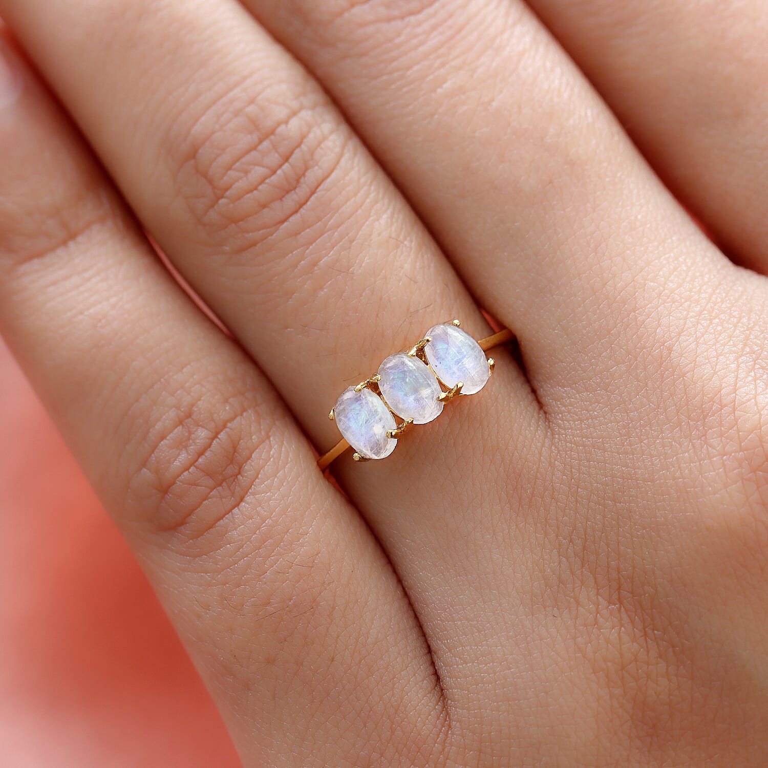 Rainbow Moonstone Trilogy Ring in Platinum Overlay Sterling Silver 1.78 Ct.