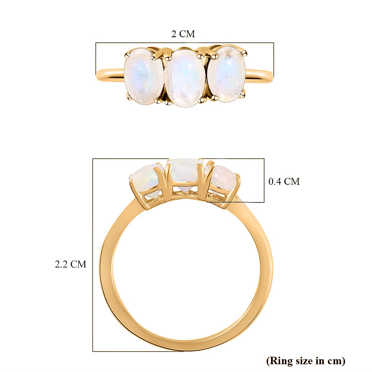 Rainbow Moonstone Trilogy Ring in Platinum Overlay Sterling Silver 1.78 Ct.