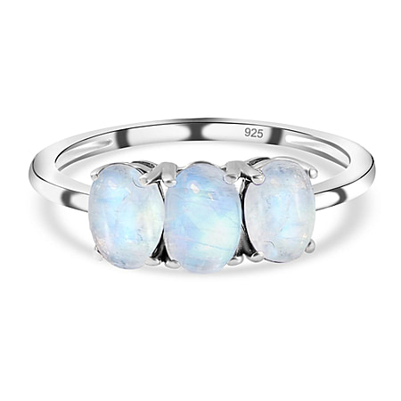 Rainbow Moonstone Trilogy Ring in Platinum Overlay Sterling Silver