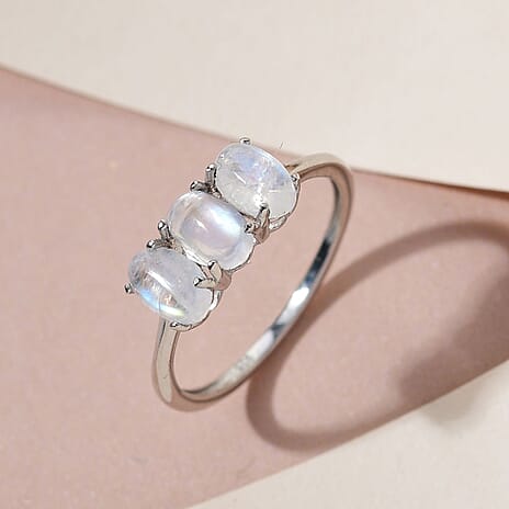 Rainbow Moonstone Trilogy Ring in Platinum Overlay Sterling Silver 1.73 Ct.