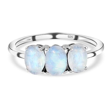 Rainbow Moonstone Trilogy Ring in Platinum Overlay Sterling Silver 1.62 Ct.