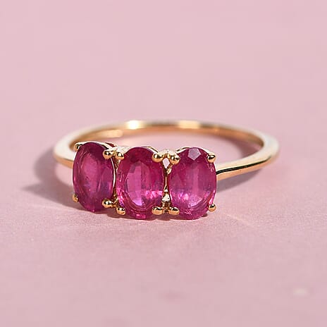 African Ruby Trilogy Ring in 18K Vermeil Yellow Gold Plated Sterling Silver 2.09 Ct.