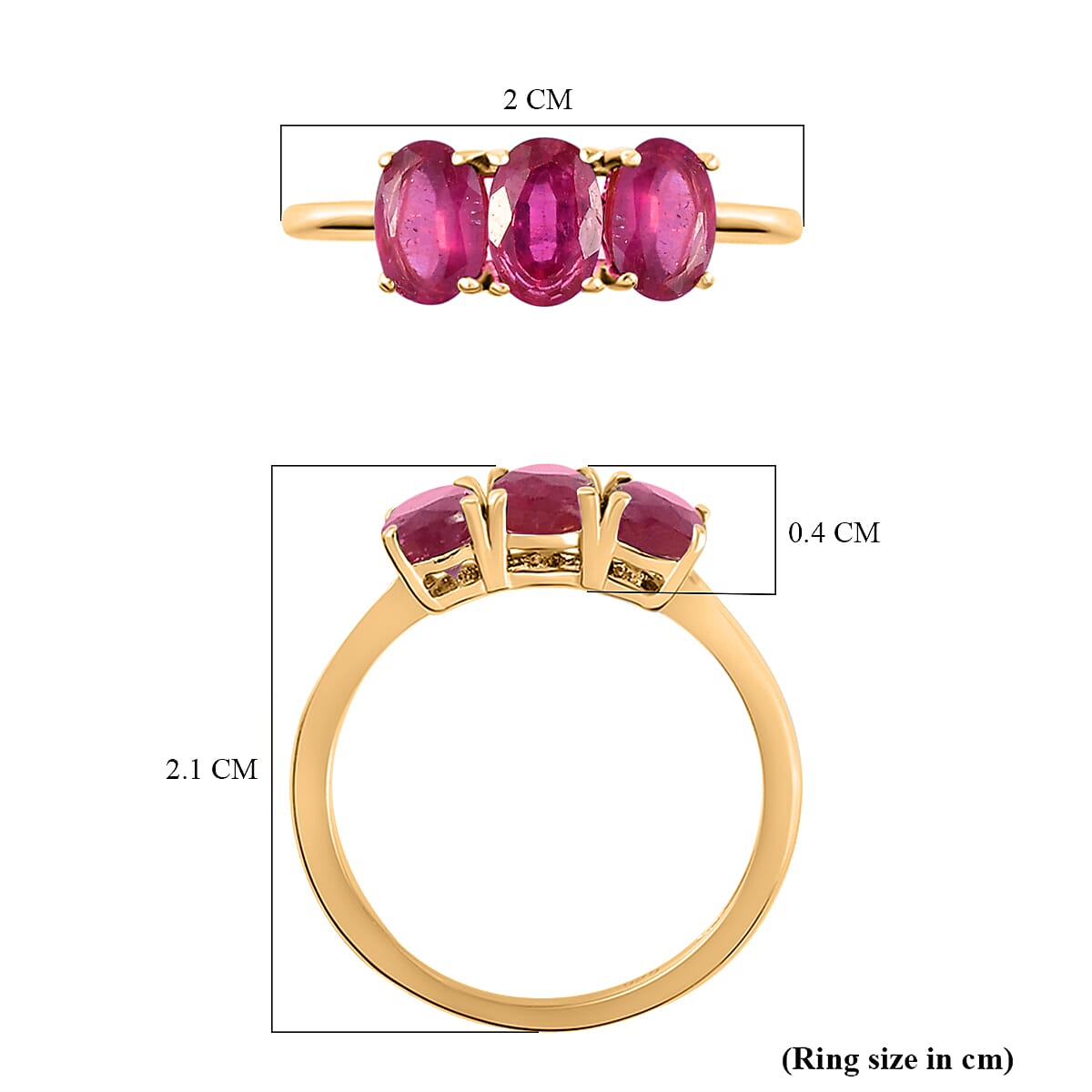 African Ruby Trilogy Ring in 18K Vermeil Yellow Gold Plated Sterling Silver 2.09 Ct.