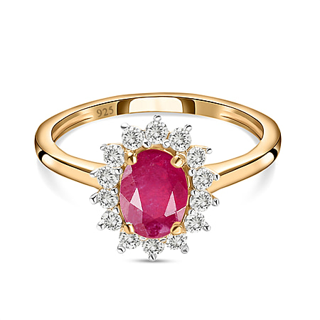 Ruby (FF) and Natural Cambodian Zircon Halo Ring in Sterling Silver with 18K Vermeil Yellow Gold