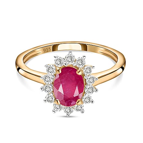 Ruby (FF) and Natural Cambodian Zircon Halo Ring in 18K Vermeil Yellow Gold Plated Sterling Silver 1.727 Ct.