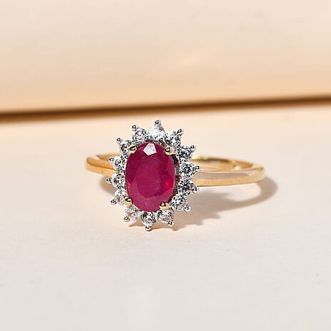Ruby (FF) and Natural Cambodian Zircon Halo Ring in 18K Vermeil Yellow Gold Plated Sterling Silver 1.727 Ct.