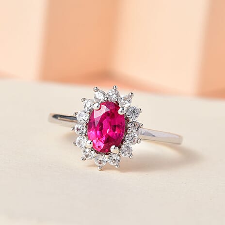 Ruby (FF) and Natural Cambodian Zircon Halo Ring in Platinum Overlay Sterling Silver 1.727 Ct.