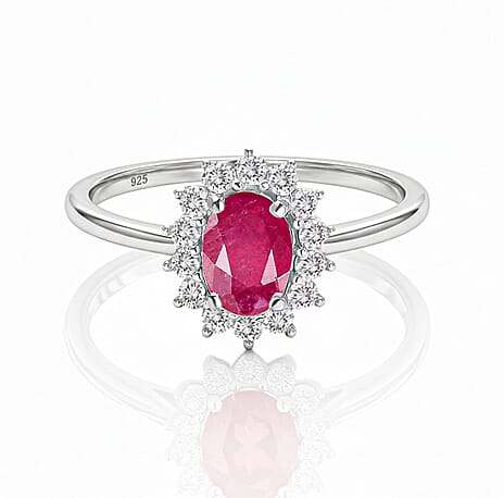 Ruby (FF) and Natural Cambodian Zircon Halo Ring in Platinum Overlay Sterling Silver 1.727 Ct.