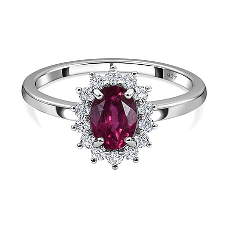 Ruby and Natural Cambodian Zircon Halo Ring in Sterling Silver with Platinum Plating Ruby and Natural Cambodian Zircon Halo Ring in Sterling Silver with Platinum Plating