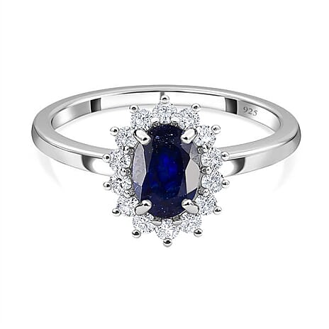 Masoala Sapphire (FF) and Natural Cambodian Zircon Ring in Platinum Overlay Sterling Silver 1.64 Ct.