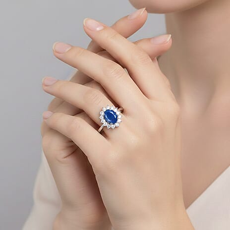 Masoala Sapphire (FF) and Natural Cambodian Zircon Ring in Platinum Overlay Sterling Silver 1.64 Ct.
