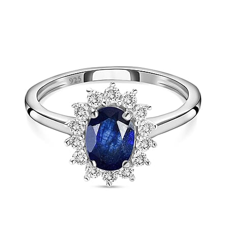 Masoala Sapphire (FF) and Natural Cambodian Zircon Halo Ring in Sterling Silver with Platinum Plating