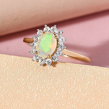 Ethiopian Welo Opal and Natural Cambodian Zircon Ring in 18K Yellow Gold Vermeil Plated Sterling Silver 0.875 Ct